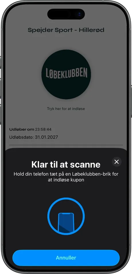 A Spejder Sport coupon ready to scan at the Løbeklubben tag