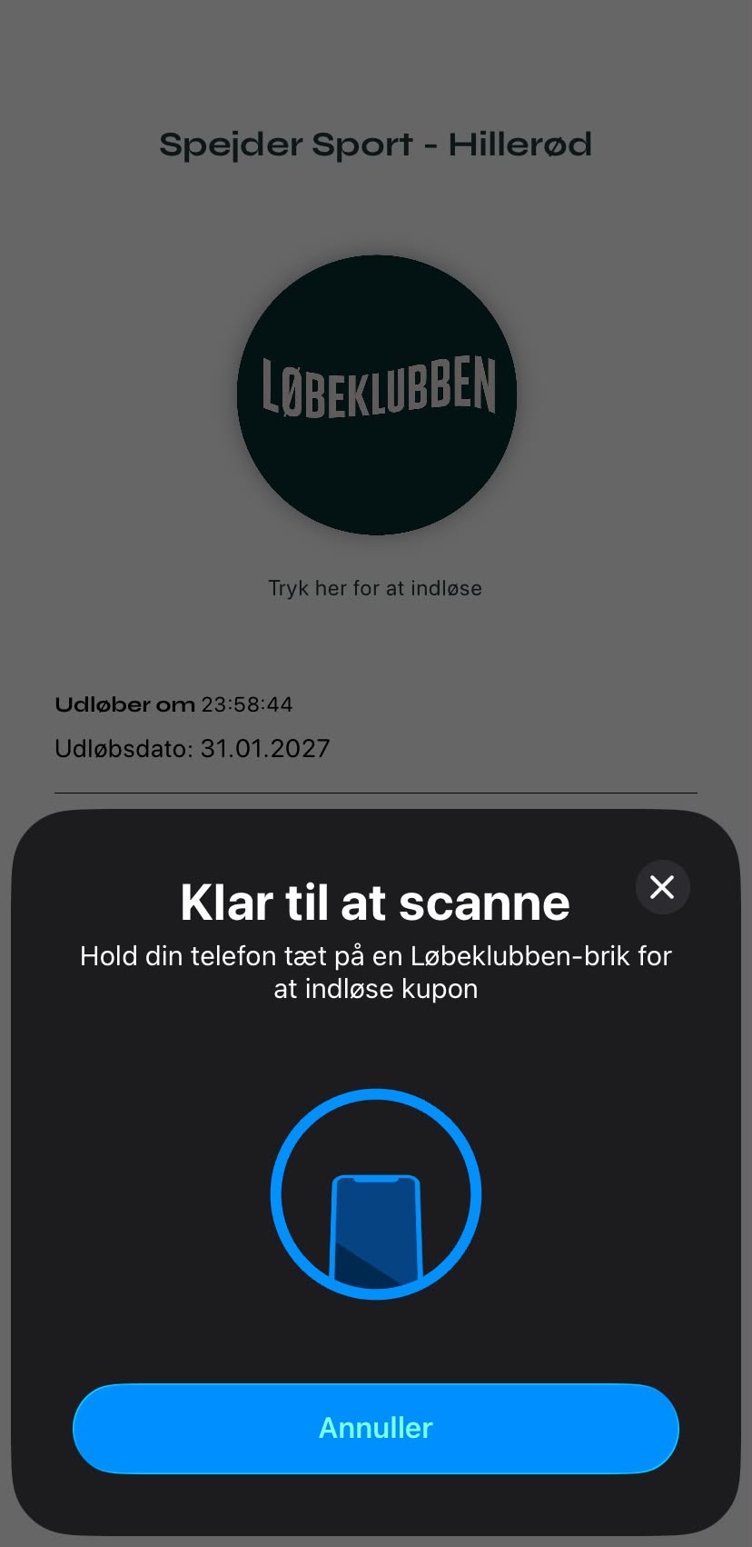 Kupon fra Spejder Sport med scanning klar til Løbeklubben-brikken