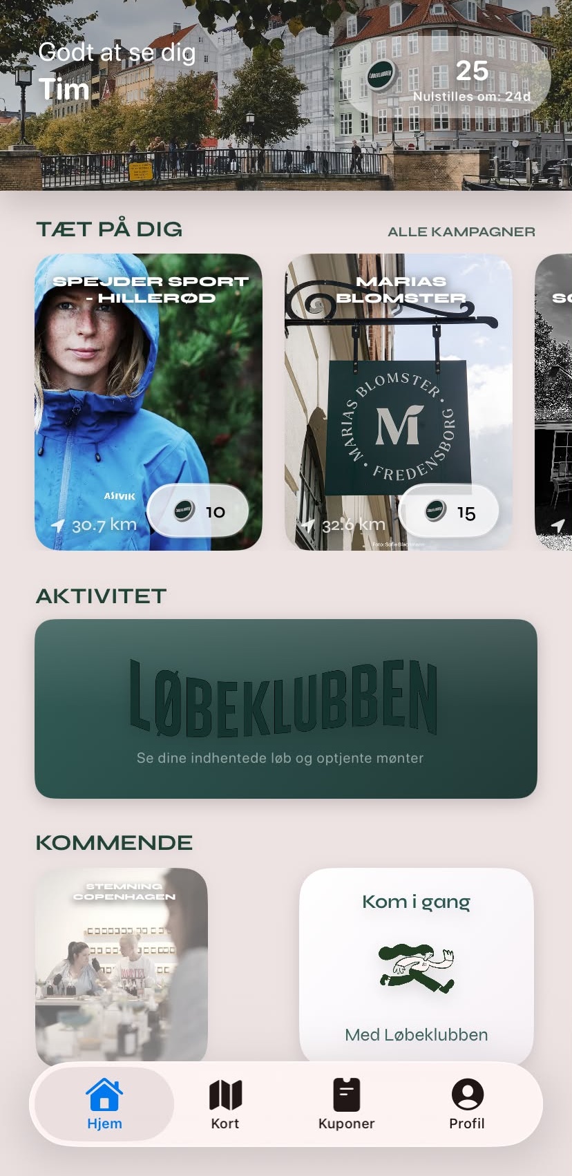 Hjem-skærmen i appen med saldo og kampagner tæt på dig